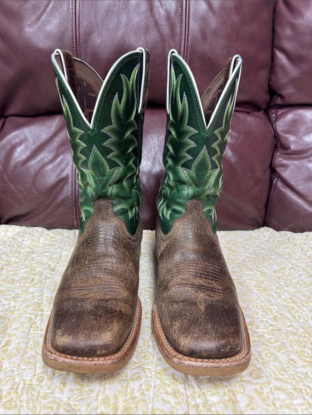 Durango Brown Leather Boots with Green Embroidered Shaft